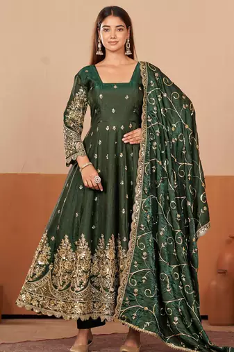 Green shimmer silk embroidered codding, sequins work anarkali kurta set