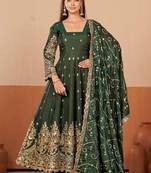 Green shimmer silk embroidered codding, sequins work anarkali kurta set