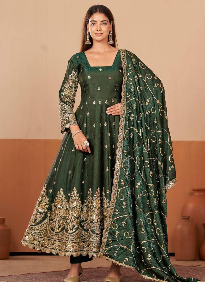 Green shimmer silk embroidered codding, sequins work anarkali kurta set