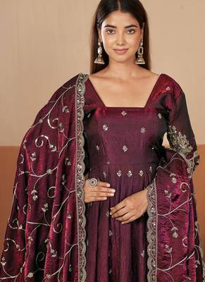 Maroon shimmer silk embroidered codding, sequins work anarkali kurta set 4