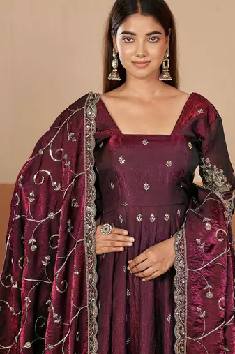 Maroon shimmer silk embroidered codding, sequins work anarkali kurta set