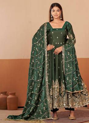 Green shimmer silk embroidered codding, sequins work anarkali kurta set 2