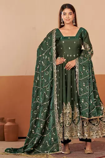 Green shimmer silk embroidered codding, sequins work anarkali kurta set