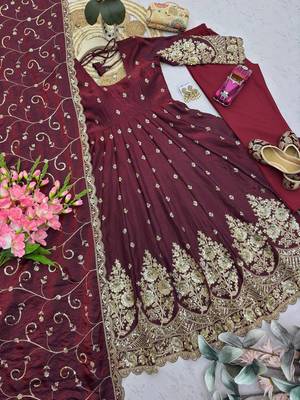 Maroon shimmer silk embroidered codding, sequins work anarkali kurta set 5