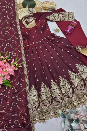 Maroon shimmer silk embroidered codding, sequins work anarkali kurta set