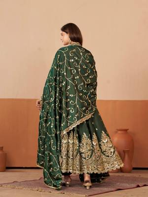 Green shimmer silk embroidered codding, sequins work anarkali kurta set 3