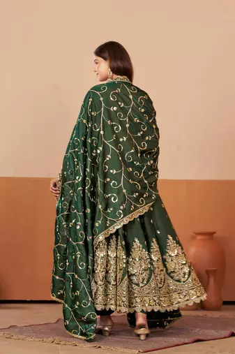 Green shimmer silk embroidered codding, sequins work anarkali kurta set