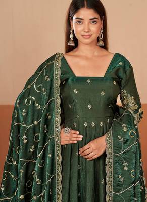 Green shimmer silk embroidered codding, sequins work anarkali kurta set 4