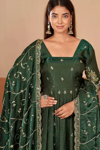Green shimmer silk embroidered codding, sequins work anarkali kurta set