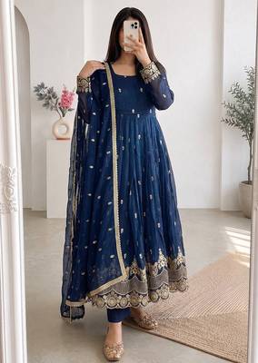 Teal crunchy silk embroidered sequins work anarkali kurta set 1