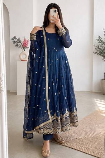 Teal crunchy silk embroidered sequins work anarkali kurta set