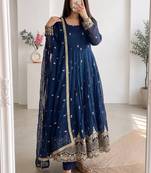 Teal crunchy silk embroidered sequins work anarkali kurta set
