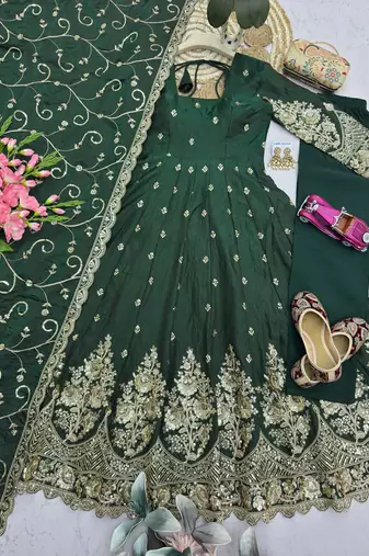 Green shimmer silk embroidered codding, sequins work anarkali kurta set