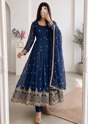 Teal crunchy silk embroidered sequins work anarkali kurta set 2