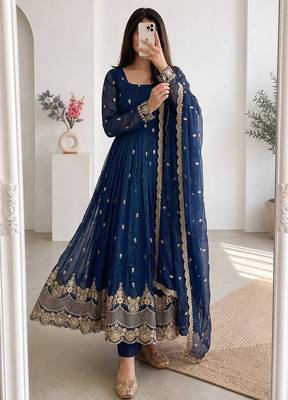 Teal crunchy silk embroidered sequins work anarkali kurta set 3