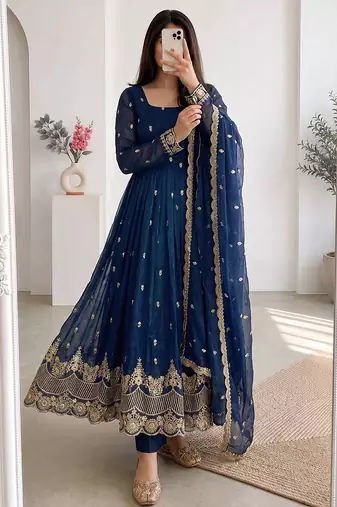 Teal crunchy silk embroidered sequins work anarkali kurta set