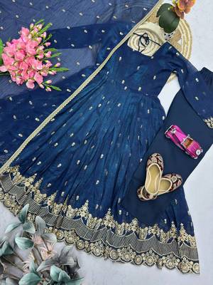 Teal crunchy silk embroidered sequins work anarkali kurta set 4