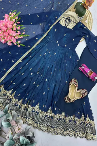Teal crunchy silk embroidered sequins work anarkali kurta set