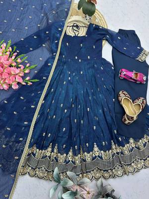 Teal crunchy silk embroidered sequins work anarkali kurta set 5