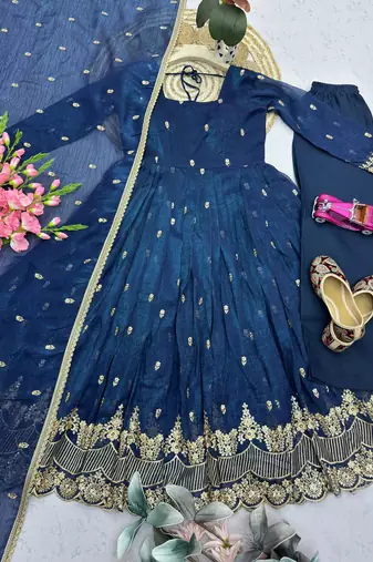Teal crunchy silk embroidered sequins work anarkali kurta set