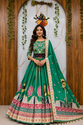 Maslin Cotton Digital Printed Partywear Lehenga Choli Set with Dupatta, Lehenga, Blouse Fabric & Pompom Lace