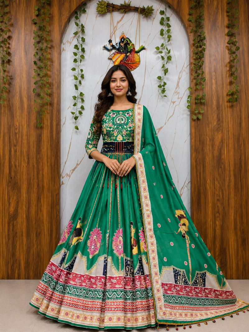 Maslin Cotton Digital Printed Partywear Lehenga Choli Set with Dupatta, Lehenga, Blouse Fabric & Pompom Lace