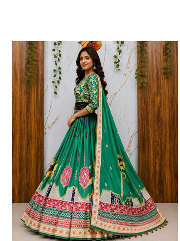 Maslin Cotton Digital Printed Partywear Lehenga Choli Set with Dupatta, Lehenga, Blouse Fabric & Pompom Lace 3