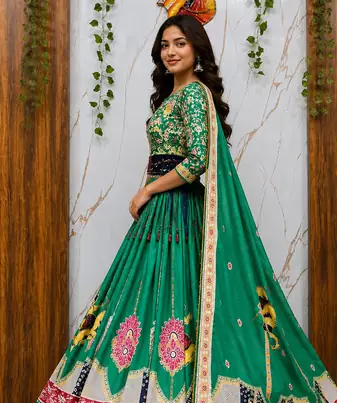 Maslin Cotton Digital Printed Partywear Lehenga Choli Set with Dupatta, Lehenga, Blouse Fabric & Pompom Lace