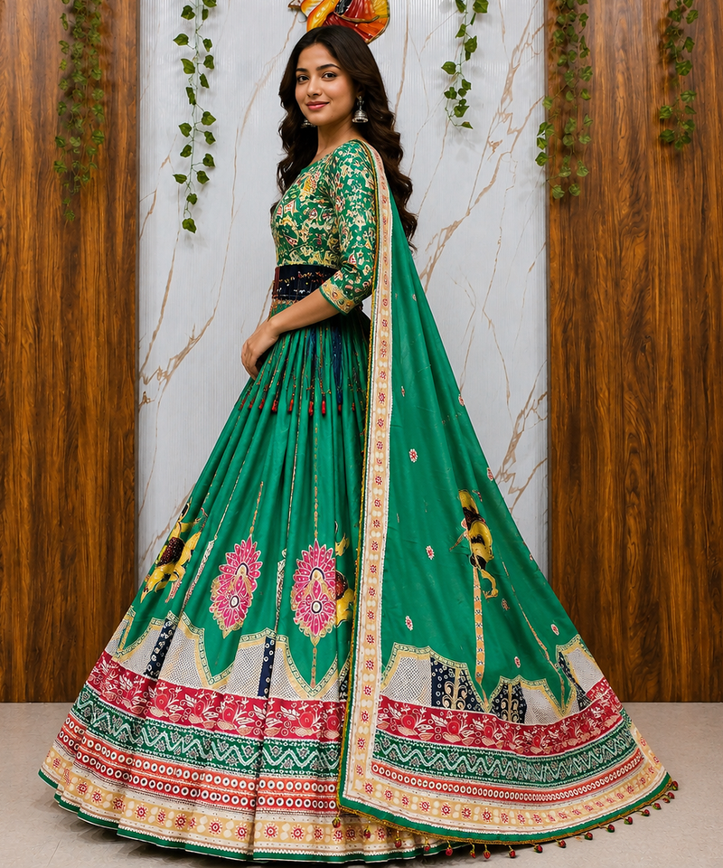 Maslin Cotton Digital Printed Partywear Lehenga Choli Set with Dupatta, Lehenga, Blouse Fabric & Pompom Lace