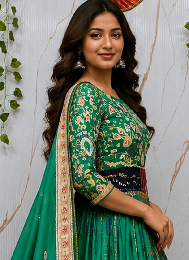 Maslin Cotton Digital Printed Partywear Lehenga Choli Set with Dupatta, Lehenga, Blouse Fabric & Pompom Lace