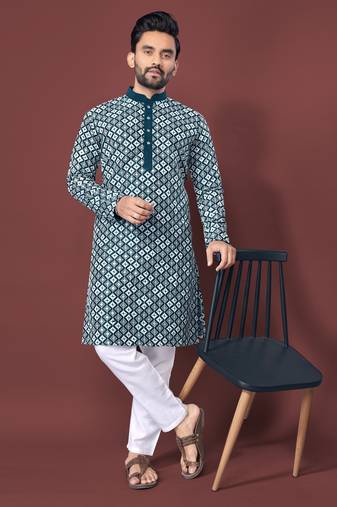 TEAL BLUE HEAVY EMBROIDERY WHITE THREAD WORK MENS KURTA PAJAMA SET