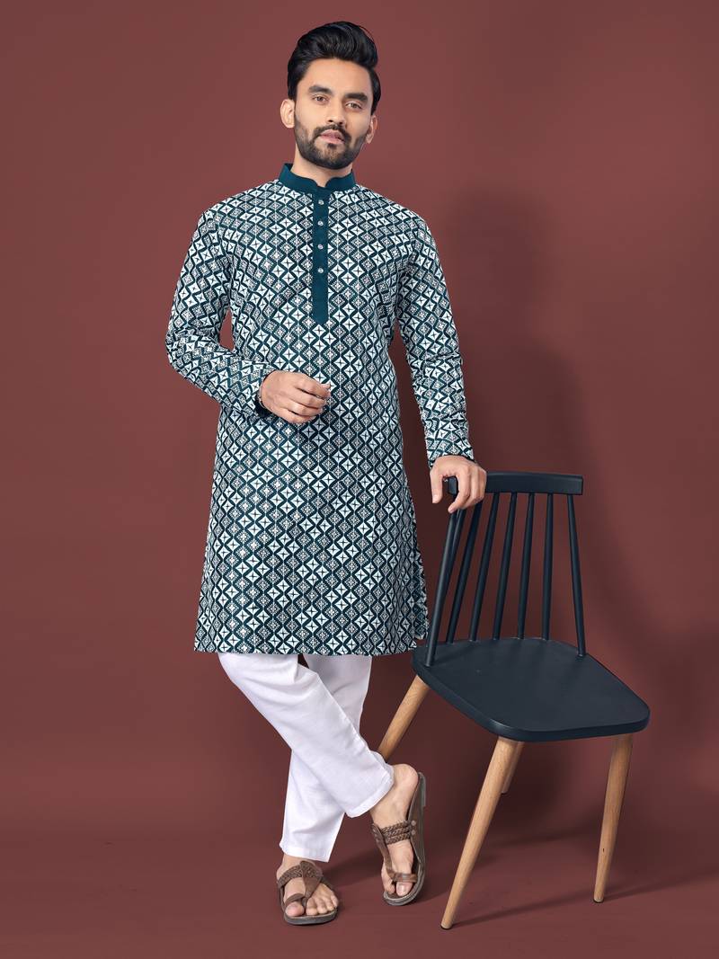 TEAL BLUE HEAVY EMBROIDERY WHITE THREAD WORK MENS KURTA PAJAMA SET