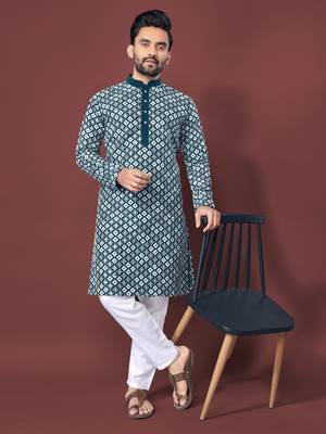 TEAL BLUE HEAVY EMBROIDERY WHITE THREAD WORK MENS KURTA PAJAMA SET 1