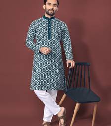 TEAL BLUE HEAVY EMBROIDERY WHITE THREAD WORK MENS KURTA PAJAMA SET