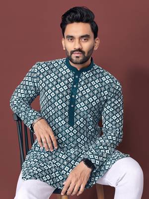 TEAL BLUE HEAVY EMBROIDERY WHITE THREAD WORK MENS KURTA PAJAMA SET 2