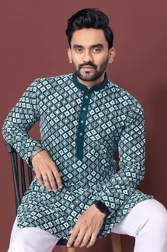 TEAL BLUE HEAVY EMBROIDERY WHITE THREAD WORK MENS KURTA PAJAMA SET
