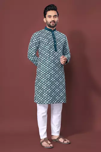 TEAL BLUE HEAVY EMBROIDERY WHITE THREAD WORK MENS KURTA PAJAMA SET