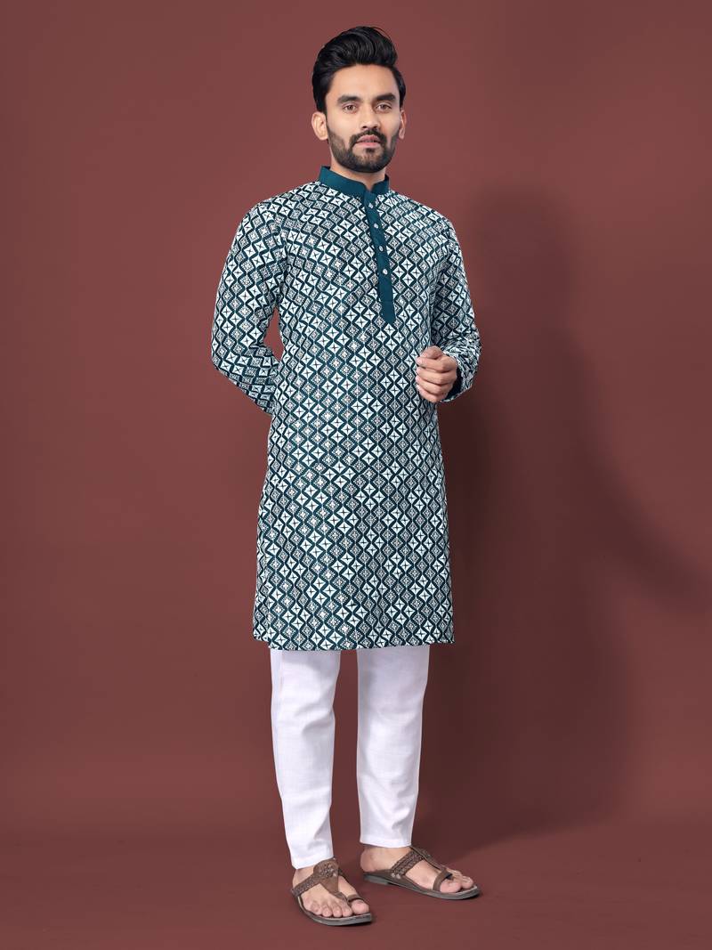 TEAL BLUE HEAVY EMBROIDERY WHITE THREAD WORK MENS KURTA PAJAMA SET