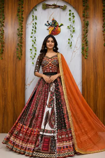 Maslin Cotton Lehenga Choli Set With Mirror Work And Dupatta