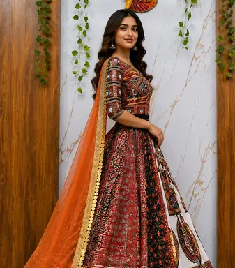 Maslin Cotton Lehenga Choli Set With Mirror Work And Dupatta
