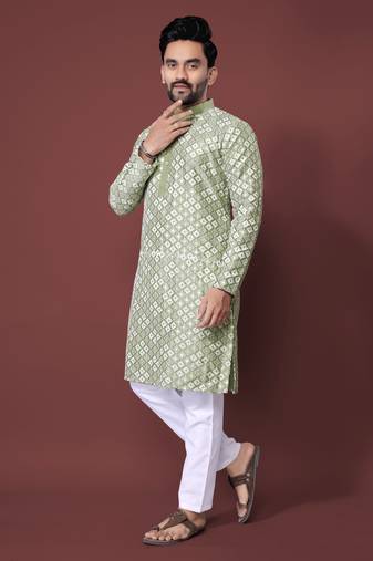 PISTA GREEN HEAVY EMBROIDERY WHITE THREAD WORK MENS KURTA PAJAMA SET