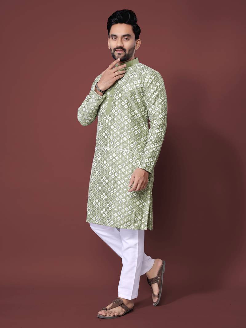 PISTA GREEN HEAVY EMBROIDERY WHITE THREAD WORK MENS KURTA PAJAMA SET