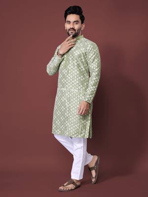 PISTA GREEN HEAVY EMBROIDERY WHITE THREAD WORK MENS KURTA PAJAMA SET 1