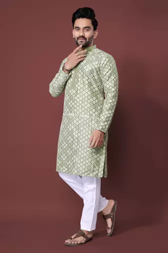 PISTA GREEN HEAVY EMBROIDERY WHITE THREAD WORK MENS KURTA PAJAMA SET