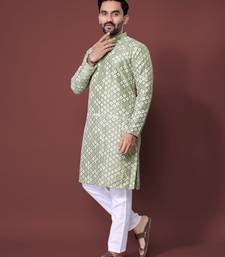 PISTA GREEN HEAVY EMBROIDERY WHITE THREAD WORK MENS KURTA PAJAMA SET