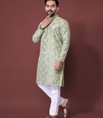 PISTA GREEN HEAVY EMBROIDERY WHITE THREAD WORK MENS KURTA PAJAMA SET