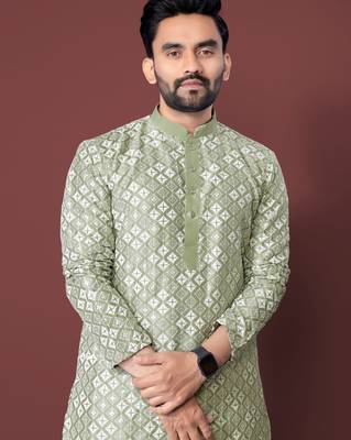 PISTA GREEN HEAVY EMBROIDERY WHITE THREAD WORK MENS KURTA PAJAMA SET 2