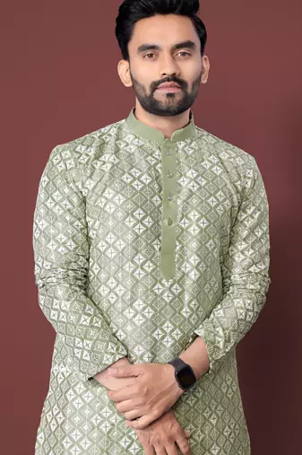 PISTA GREEN HEAVY EMBROIDERY WHITE THREAD WORK MENS KURTA PAJAMA SET