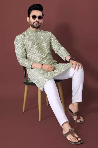 PISTA GREEN HEAVY EMBROIDERY WHITE THREAD WORK MENS KURTA PAJAMA SET