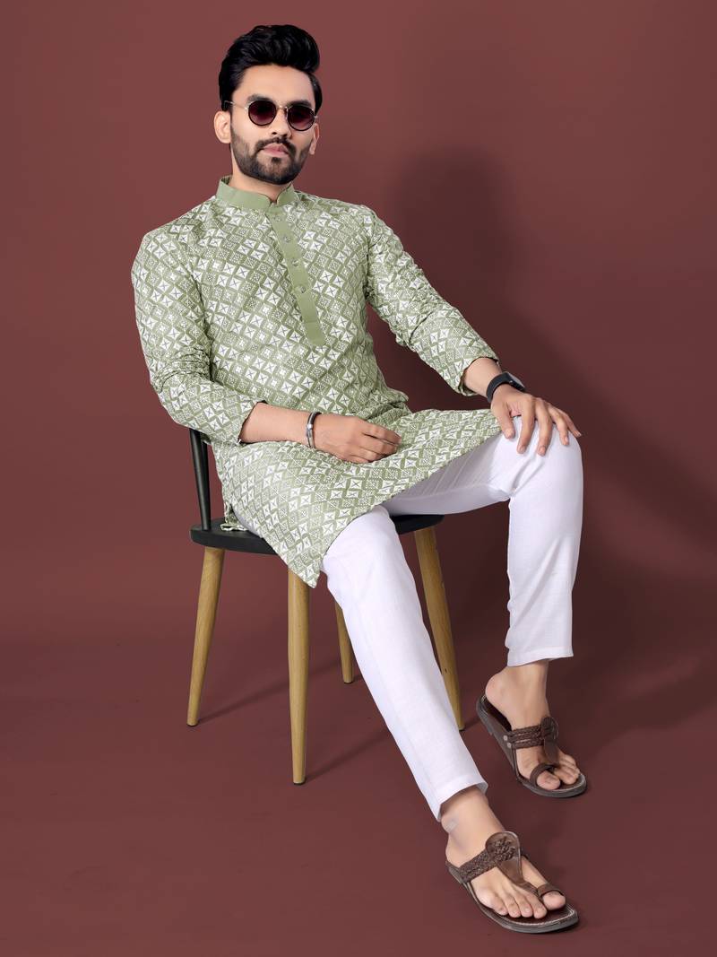 PISTA GREEN HEAVY EMBROIDERY WHITE THREAD WORK MENS KURTA PAJAMA SET